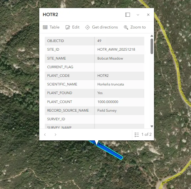 screenshot of ArcGIS Online that includes point data for Horkelia truncata