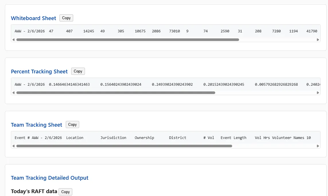 screenshot of simply-formatted web page containing data and copy buttons