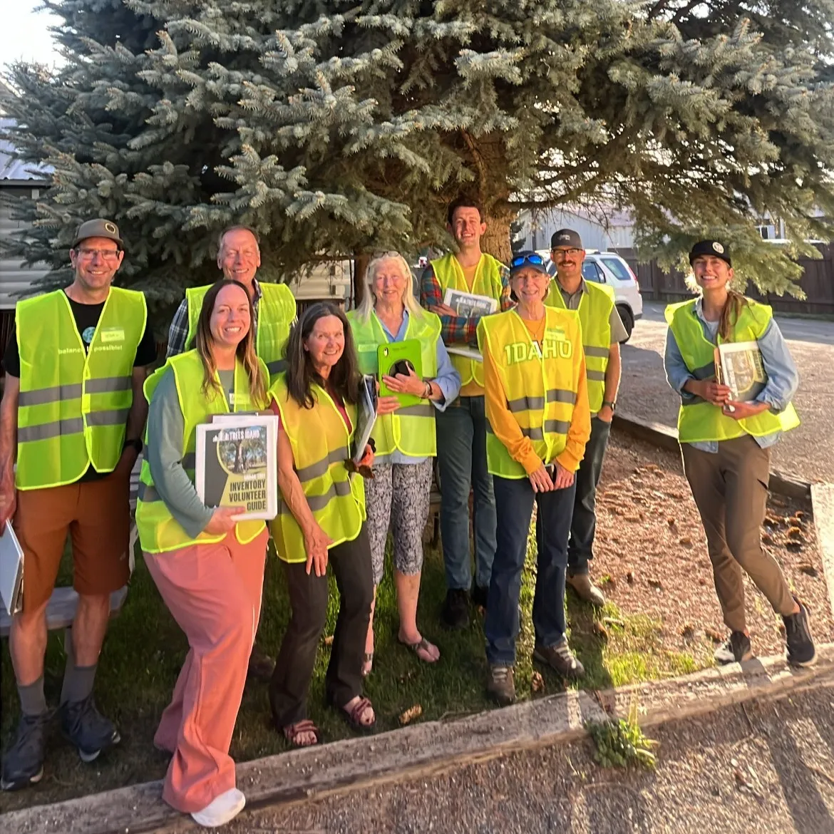 people in yellow safety vests pose in front of tree
